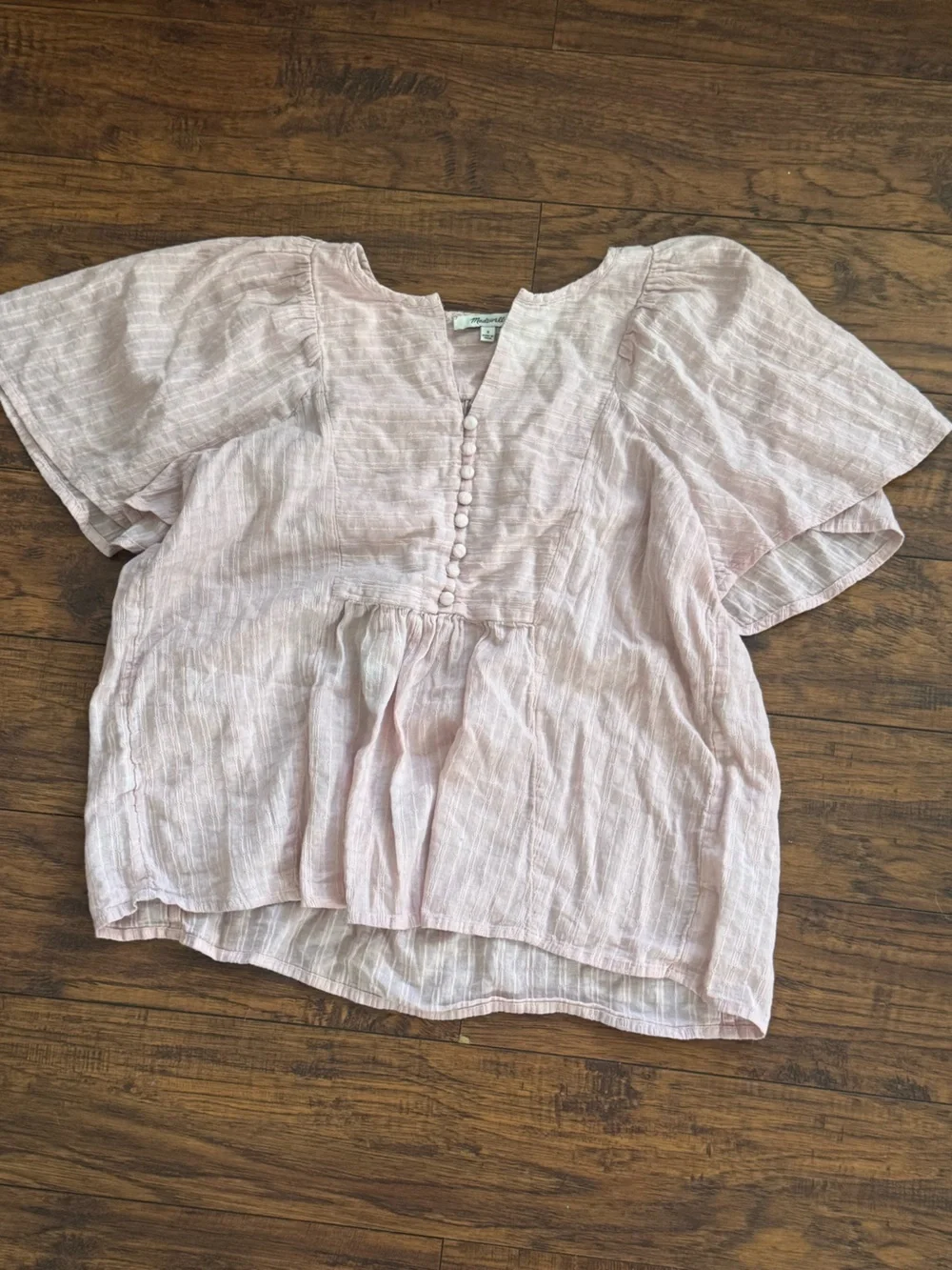 Madewell Courtyard Flutter Pink Button-Front Puff-Sleeve Blouse Top Capsule | S
